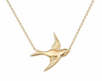Sparrow Bird 14K Solid Gold Charm Pendant Necklace (Dainty Boho Swallow Flight ~ Memorial Gifts) {Pendant Also Available without Chain}