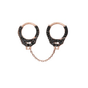 Handcuff 14K Solid Gold Black Diamond Huggie Hoop Earrings (Hinged Real Black Diamond for Earlobe, Cartilage Cuff, Helix 2nd Hole Piercings)