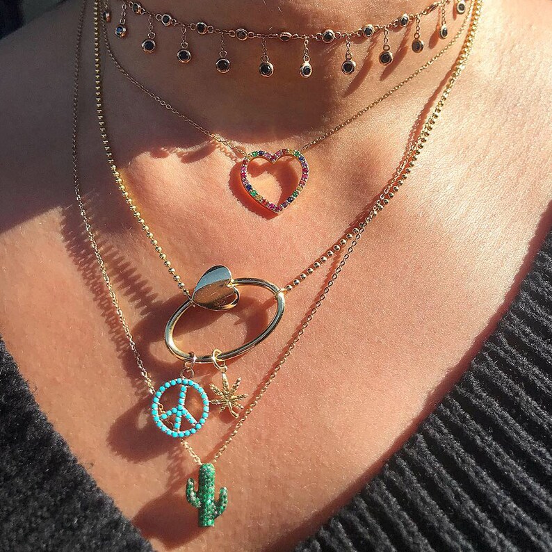 Small Tiny Dainty Boho Cannabis Plant Unisex Charm {Charm Pendant Also Available as Charm Alone} Marijuana 14K Solid Gold Pot Leaf Necklace