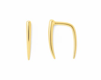 14K Solid Gold Horn Threader Earrings: Minimalist Adjustable Huggies; in Real 14K Yellow, White or Rose Gold; Single or Pair of Earrings