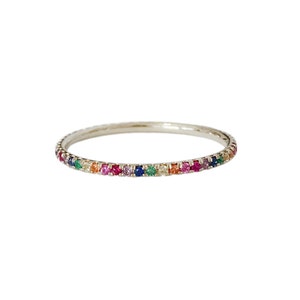 Rainbow Sapphire Full Micro Pavé 14K Solid Gold Stack Eternity Band ...