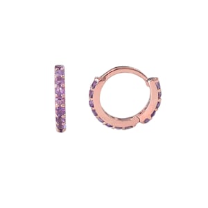 Purple Sapphire 14K Solid Gold Huggie Hoop Earring, 8mm Outer x 6mm Inner Diameter ~ XS Size (Pavé Hinged Cartilage Cuff Helix Piercings)