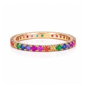 Rainbow Sapphire Gemstone 14K Solid Gold Full Pavé Eternity Band Ring: Stacking Stackable Bands Rings in Real 14K Yellow, White or Rose Gold