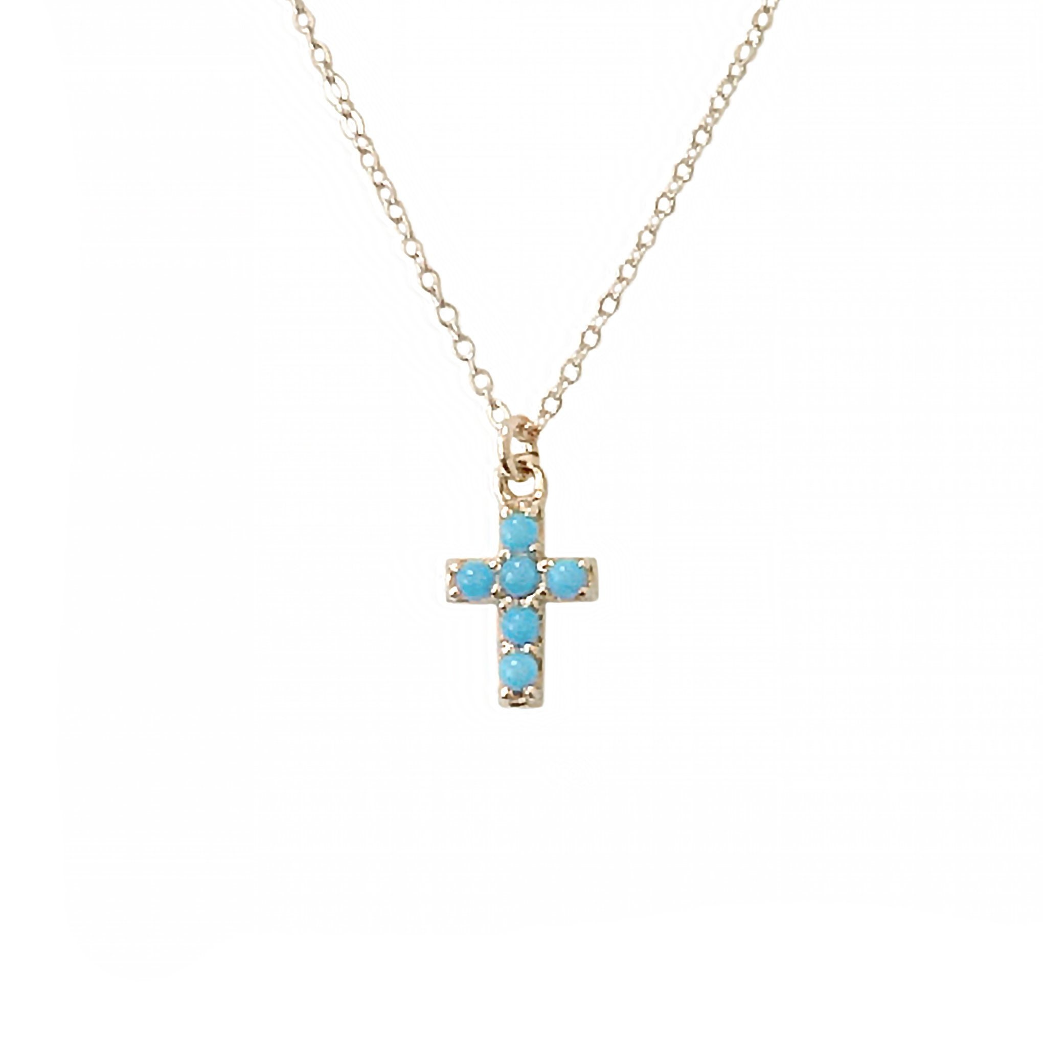Turquoise Cross 14K Solid Gold Necklace Pavé Small Dainty Etsy