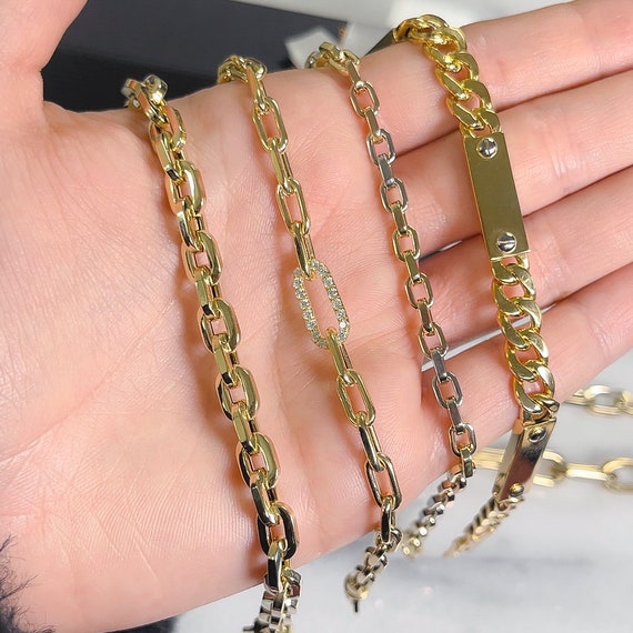 Thick Flat Oval Link 14K Solid Gold Italian Chain Link Bracelet 