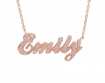 Pink Sapphire Nameplate 14K Solid Gold Necklace (Pavé Name Word Custom Script Font Pendant Charm Personalized Names Words or Phrases Gifts)