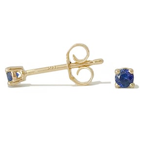 Sapphire 14K Solid Gold Stud Earring (4 Prong Solitaire 2mm Real Natural Sapphires, Single or Pair of Studs w/ Push or Screw Back Backings)