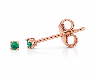 1mm Emerald 14K Solid Gold Solitaire Stud Earring: Tiny Natural Real Emerald Studs Great for Multiple Piercings ; Single or Pair of Studs