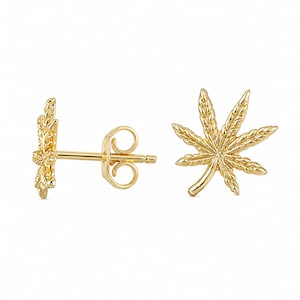 Marijuana 14K Solid Gold Stud Earrings: Real Gold Pot Leaf Ganja Cannabis Mary Jane; Push, Screw or Flat Back Style Backings; Single or Pair