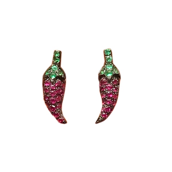 Ruby & Emerald Chili Pepper 14K Solid Gold Stud Earrings (Food for Helix, Cartilage, 2nd Hole Piercings) {Single or Pair Push or Screw Back}