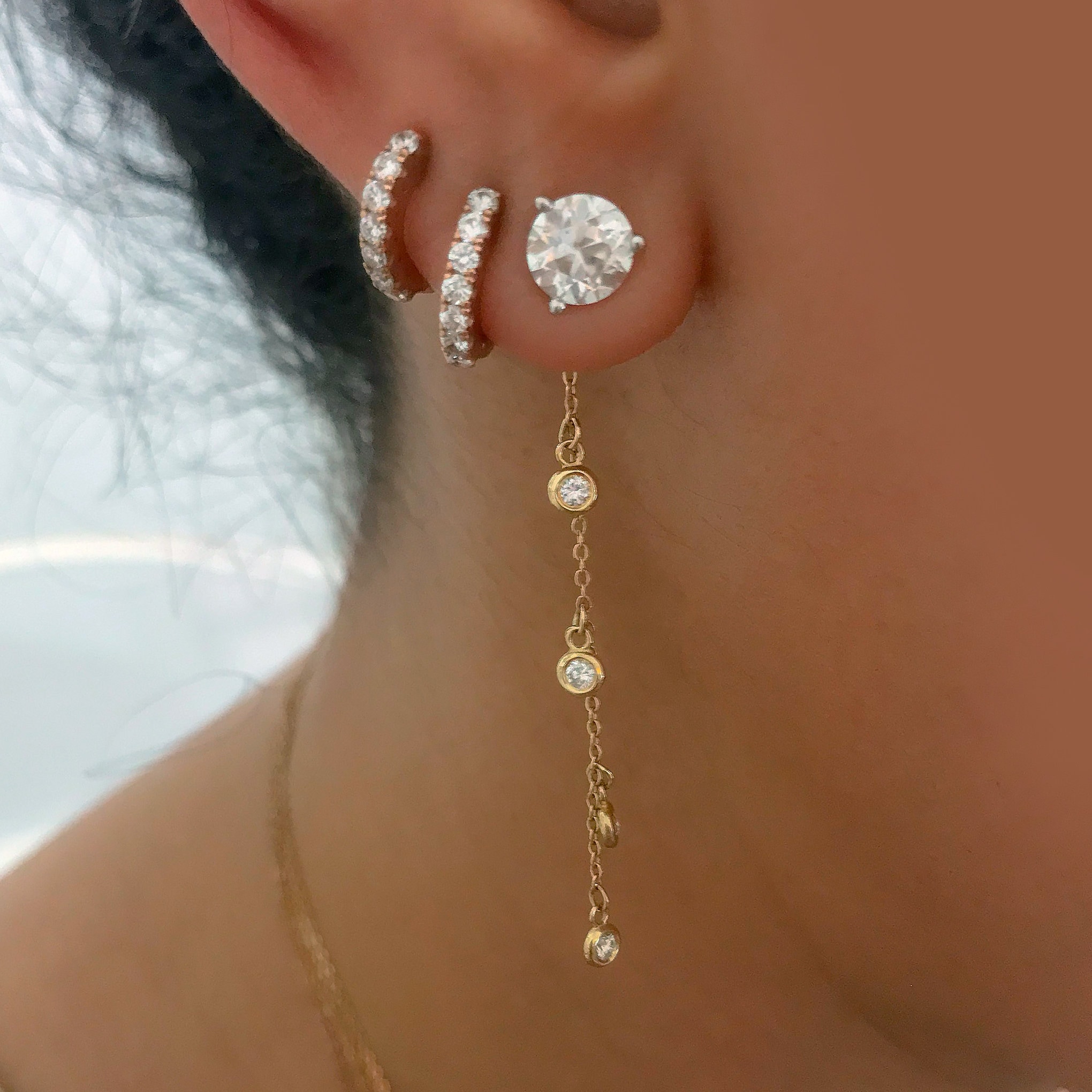 K18 ピアス DIAMOND FRINGE PIERCED EARRING Diamond Fringe Dangle 14K Solid Gold Chain Earring Jacket