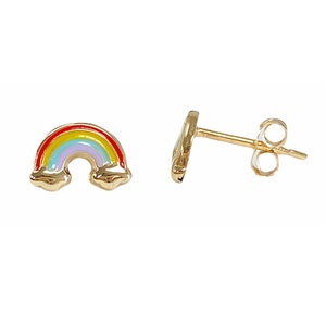Regenbogen 14K Solid Gold Emaille Ohrstecker (Echtes Massivgold und Emaille Detail Niedliche Regenbogen Wolke Ohrstecker ~ Geschenkideen für Mädchen)