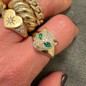Diamond Panther 14K Solid Gold Signet Ring (Real Emerald Marquise Eye and Diamond Pave Leopard Tiger Feline Cigar Band Statement Rings)