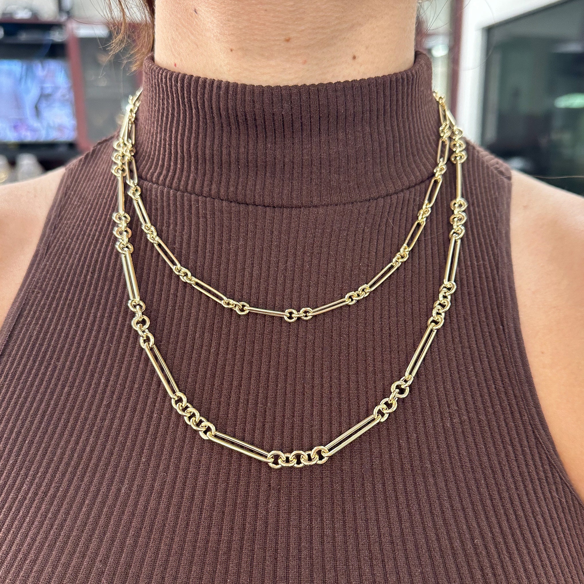 585 gold chain - links with bar and one with rectangle, 550 mm