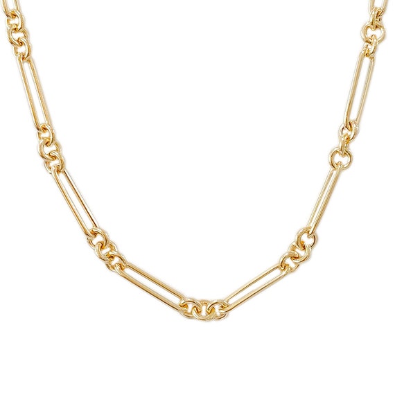 Elongated Oval Link 14K Solid Gold Chain Necklace, 3 to 1 Large Size (Layering Solid Gold Alternating Mixed Link Paperclip Style Necklace)