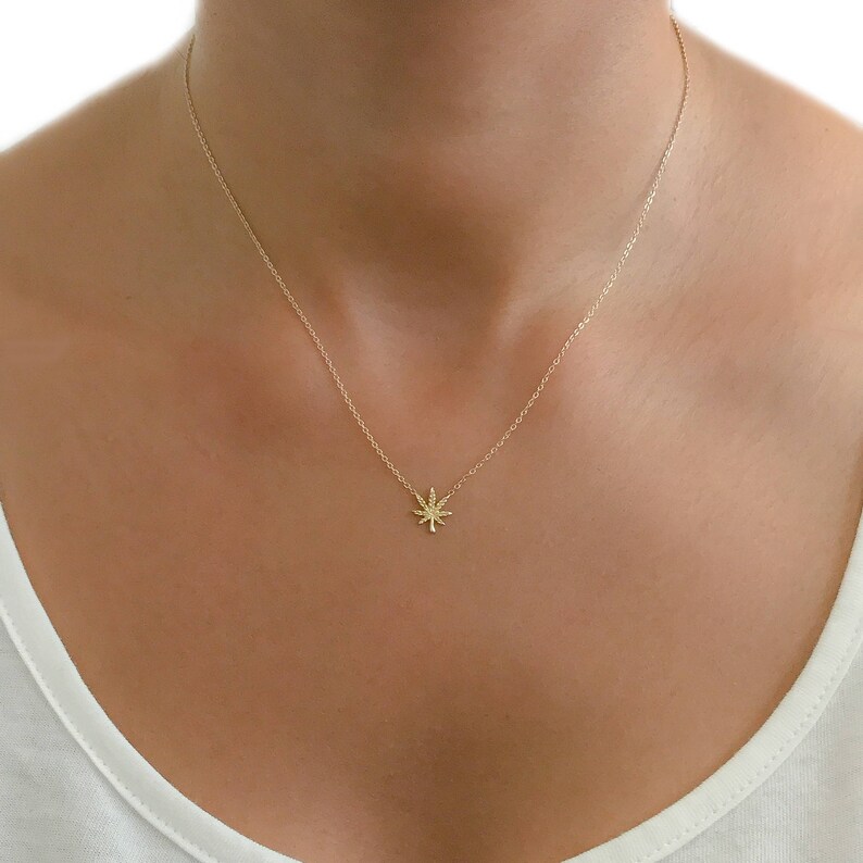 Small Tiny Dainty Boho Cannabis Plant Unisex Charm {Charm Pendant Also Available as Charm Alone} Marijuana 14K Solid Gold Pot Leaf Necklace