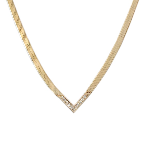 Diamond Chevron Herringbone 14K Solid Gold Chain Necklace Vintage Style V Shape Diamond Layering Italian Chain Necklace Multiple Lengths