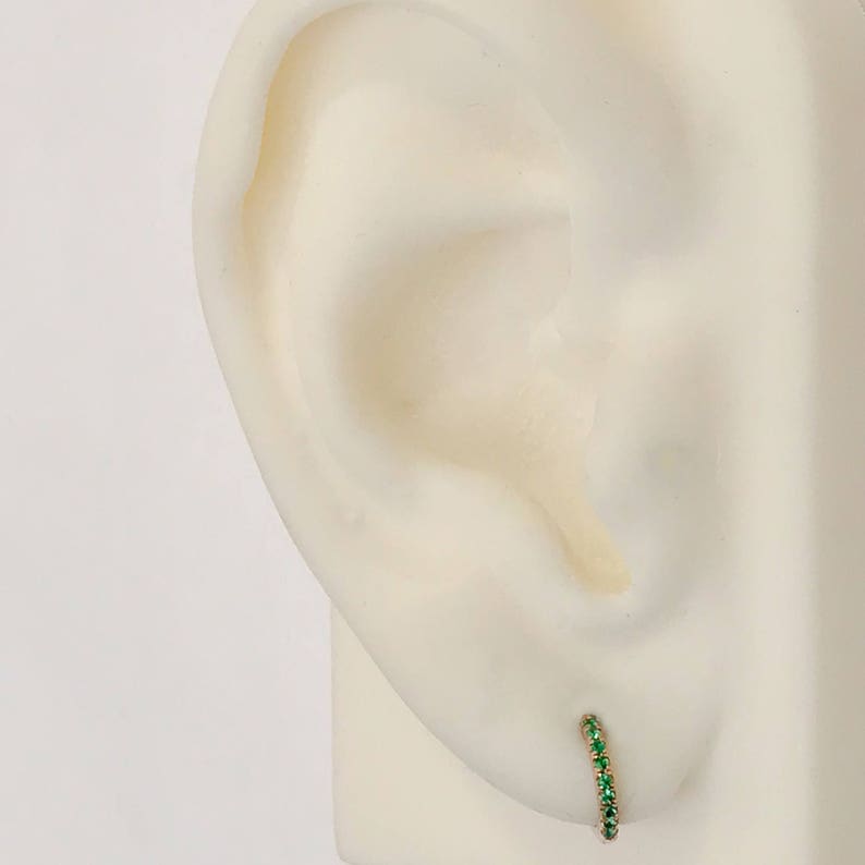 Helix Cartilage Cuff Piercings 9mm Outer x 6mm Inner Diameter ~ Small Size Pav\u00e9 Emerald 14K Solid Gold Huggie Hinged Hoop Earring 38