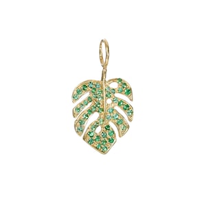 Emerald Palm Leaf 14K Solid Gold Charm Necklace (Pavé Monstera Charm Pendant Dainty Tropical Leaf Shaped Pendant ~ Real Natural Emeralds)