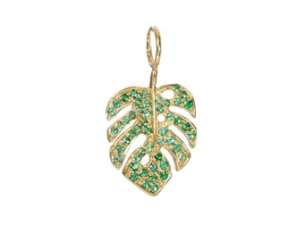 14K Solid Gold Emerald Palm Leaf Necklace (Unique Pavé Monstera Charm Pendant Dainty Tropical Leaf Shaped Necklace ~ Real Natural Emeralds)