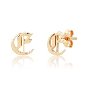 14K massief gouden beginletter Stud Earring Oud-Engels lettertype ENKEL alfabet Mix & Match-letters ~ Alle piercings, duwen of schroeven of platte achterkant