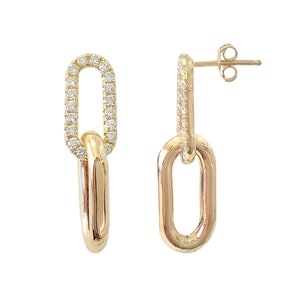 Diamond 14K Solid Gold Long Link Earrings (Dangle Oval Link Chain Stud Earring Pavé Minimalist Style Thick Link Chain Studs) Single or Pair
