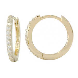 May include: A pair of gold hoop earrings with a single row of small diamonds around the edge.