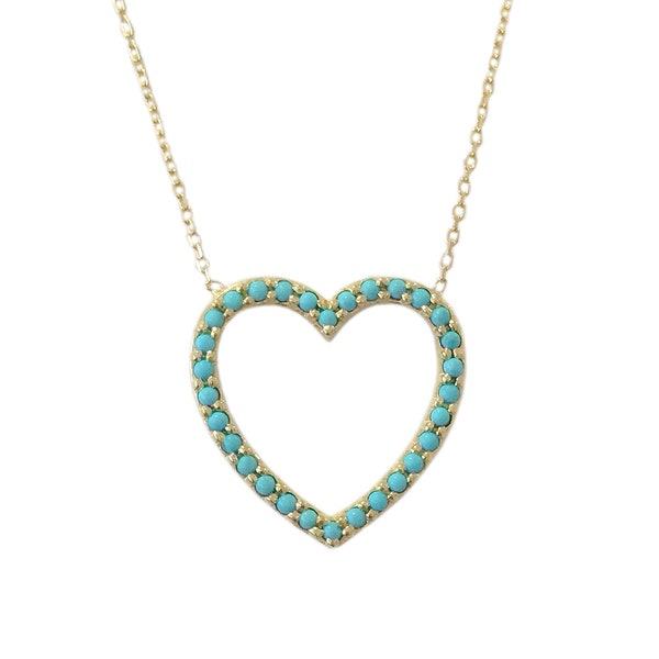 14K Solid Gold Turquoise Heart Shape Necklace, Medium Size Heart Frame Charm Pendant (Dainty Real Turquoise Gemstone) Heirloom Gift Ideas