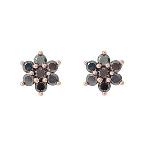 Black Diamond Flower 14 kt massief gouden rozenknop-oorknopjes {echte zwarte diamanten} (enkele of paar stekers met druk- of schroefachterkant)