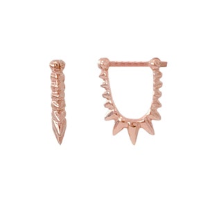Spike Huggie Hoop Kleine Größe 14K Solid Gold Baumeln Ohrringe (Detaillierte Zierliche Von Vorne Nach Hinten