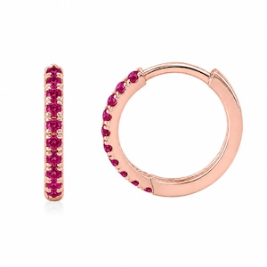 Ruby 14K Solid Gold Huggie Hoop Earring, 12mm Outer x 9.5mm Inner Diameter ~ Large Size (Pavé Cuff Hinged Hoops for Earlobe Helix Piercings)