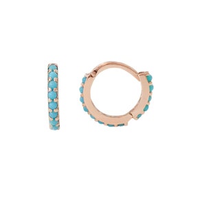 Orecchini a cerchio con cerniera Huggie in oro massiccio 14K turchese, diametro esterno 8 mm x diametro interno 6 mm ~ taglia XS (piercing per cartilagine, elica, trago)