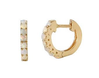 Opal Real Gemstone Pavé 14K Solid Gold Thick Huggie Hinged Hoop Pave Earrings, 11mm Outer x 7mm Inner Diameter (Single or Pair of Hoops)
