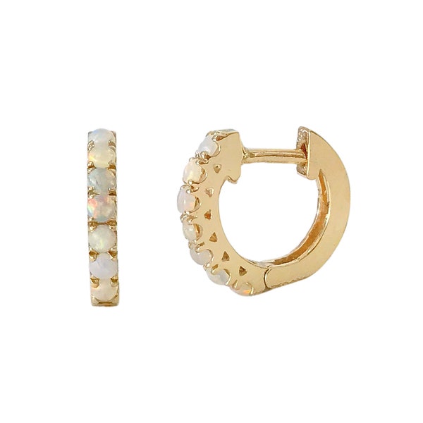 Opal Real Gemstone Pavé 14K Solid Gold Thick Huggie Hinged Hoop Pave Earrings, 11mm Outer x 7mm Inner Diameter (Single or Pair of Hoops)