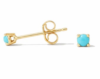 Aretes de turquesa en oro macizo de 14 quilates: solitarios de 2 mm con turquesa natural auténtica; individuales o en par; con cierre a presión, de rosca o plano.