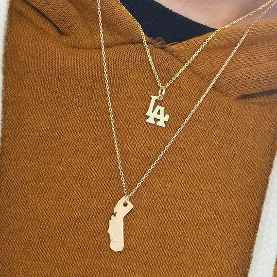 LA Logo 14K Solid Gold Charm Necklace dainty Detailed Los 