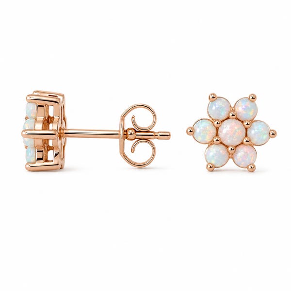 Opal Flower 14K Solid Gold Stud Earrings: Real Natural Opal Gemstones Rosebud; Single or Pair with Push, Screw or Flat Back Style Backings