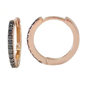 May include: A pair of small hoop earrings with a rose gold finish and a row of black diamonds around the hoop.