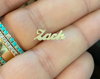 Nameplate Stud 14K Solid Gold Earring, Script Font (Custom Nameplate Studs, Cute Personalized Gift Ideas) (Single or Pair of Stud Earrings)