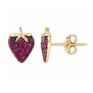 Ruby Strawberry 14K Solid Gold Stud Earrings: Real Ruby Studs for Multiple Piercings; Single or Pair of Push, Screw or Flat Back Backings