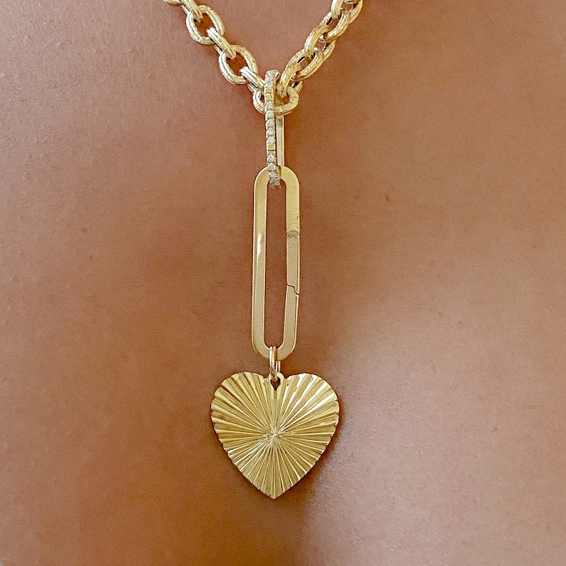 14K Solid Gold Fluted Heart Charm Necklace sunbeam Sunburst Etsy