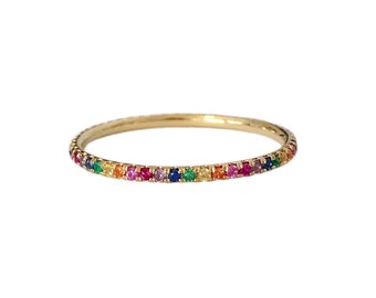 Rainbow Sapphire Full  Micro Pavé 14K Solid Gold Stack Eternity Band Ring (Real Colored Gemstone Stackable Dainty Stacking Band Ring)