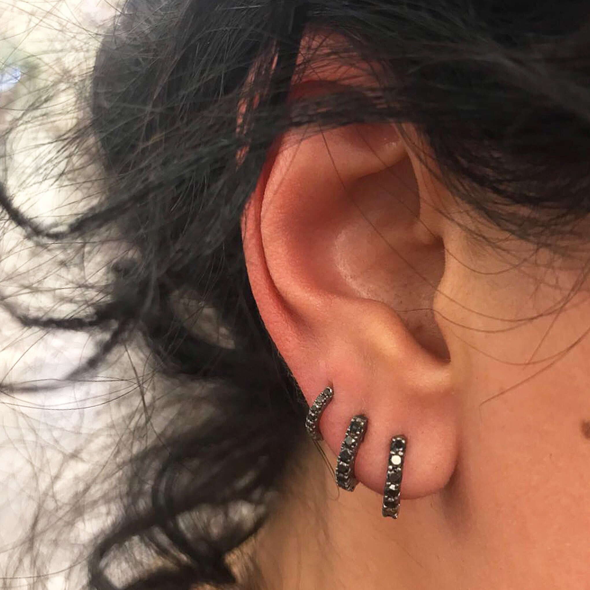 Black Diamond 14K Solid Gold Huggie Hoop Earring 9mm x 6mm Diameter Hinged Pave Ear Cuff Real Diamonds Single or Pair Ready to Ship