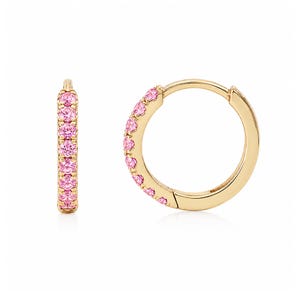 Pink Sapphire 14K Solid Gold Huggie Hoop Earring, 10mm Outer x 7.5mm Inner Diameter (Pavé Hinged Hoop Earlobe, 2nd Hole & Helix Piercings)