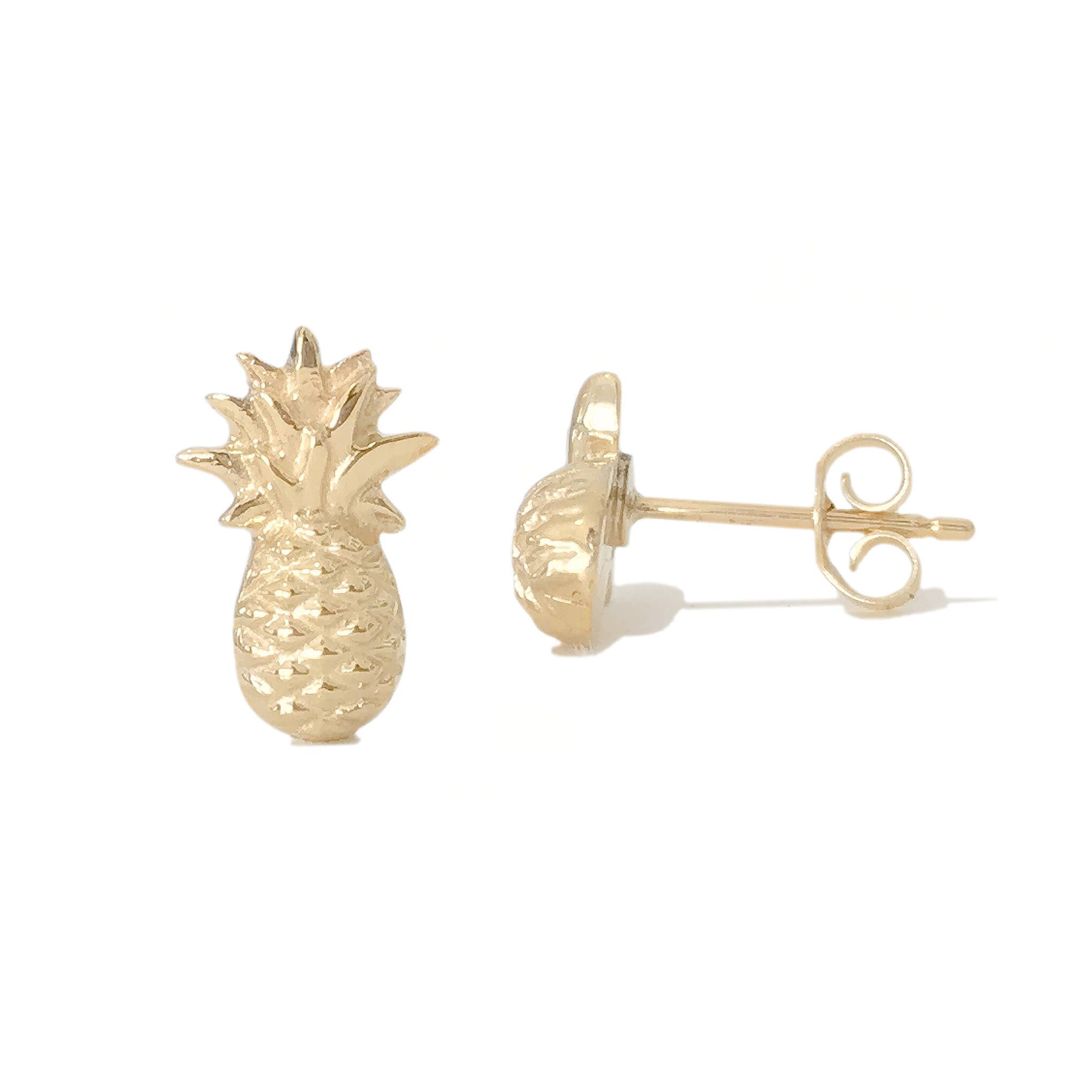Pineapple 14K Solid Gold Stud Earrings Real Gold Dainty Etsy