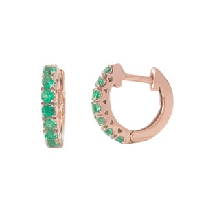 Emerald 14K Solid Gold Thick Huggie Hinged Hoop Gemstone Pavé Earrings, 11mm Outer x 7mm Inner Diameter (Real AAA Quality Gemstones) 7/16"