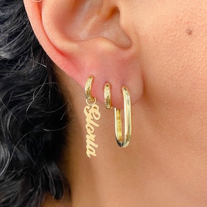 Nameplate 14K Solid Gold Hoop Earring Charm, Script Font (Custom Nameplate Charms Cute Personalized Gift Ideas) (Single or Pair For Huggies)
