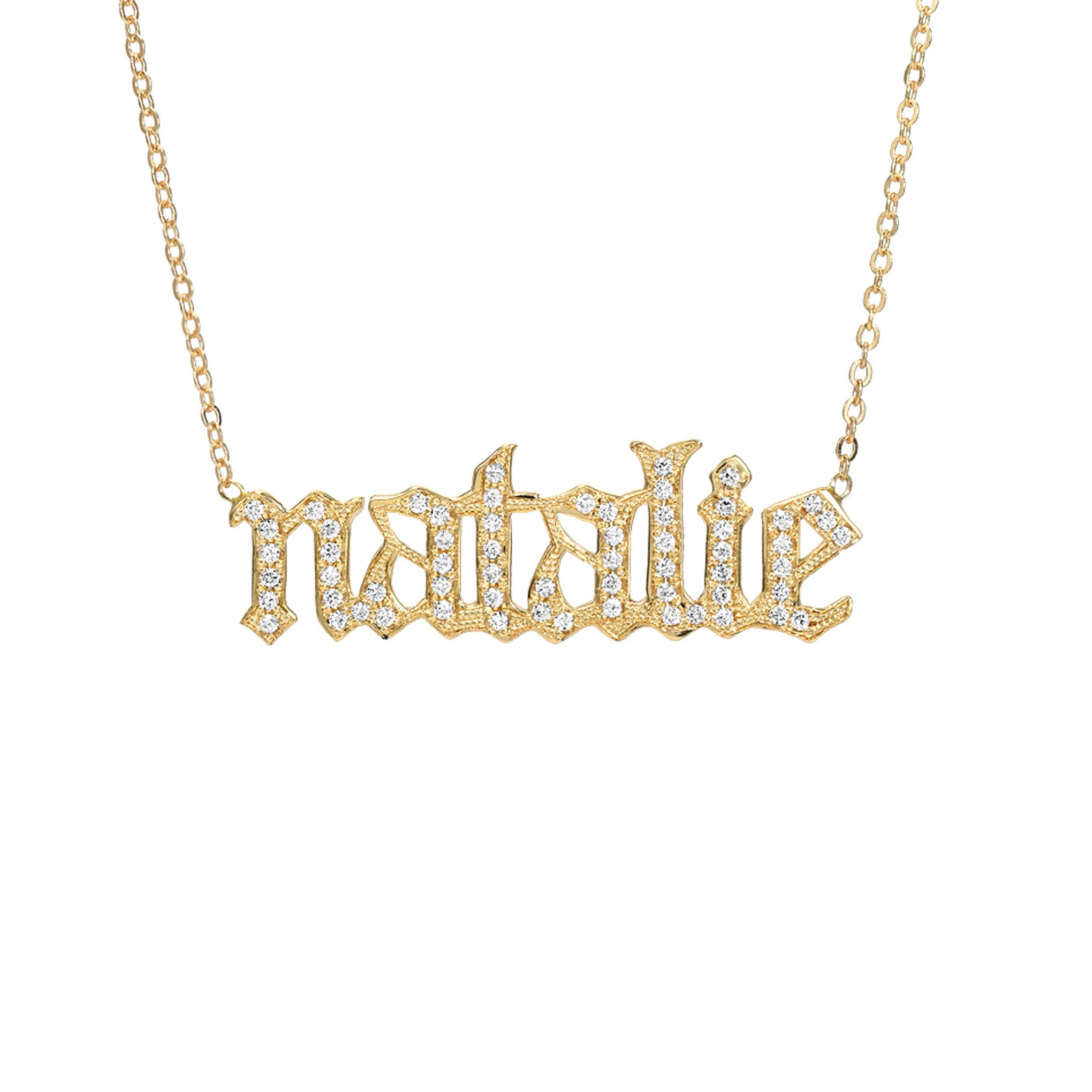Diamond Nameplate 14K Solid Gold Necklace Pavé Name or Word Etsy