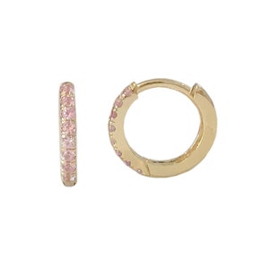 Pink Sapphire 14K Solid Gold Huggie Hinged Pavé Hoop Earring, 9mm Outer x 6mm Inner Diameter ~ Small Size (Cartilage or Helix Piercings)