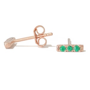 Emerald Pavé 14K Solid Gold Rectangle Bar Stud Earring, XS Size (Real Stunning Emeralds ~ for Multiple Piercings) {Single or Pair Studs}